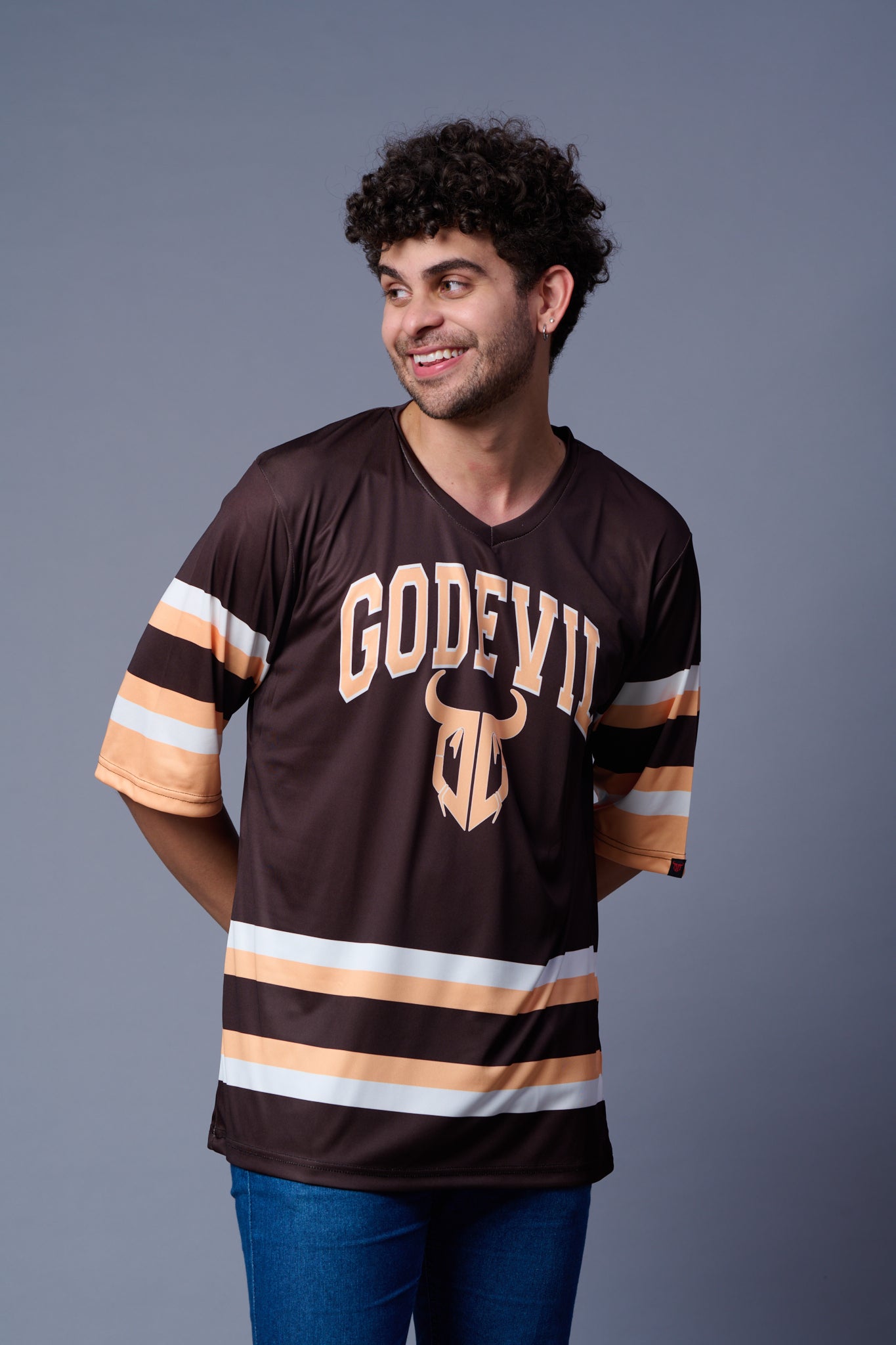Go Devil In Ivory Printed Stripes Chocolate Oversized Jersey T-Shirt for Men