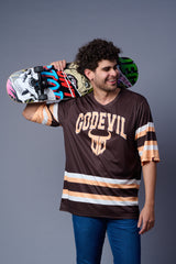 Go Devil In Ivory Printed Stripes Chocolate Oversized Jersey T-Shirt for Men