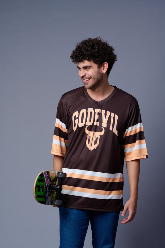 Go Devil In Ivory Printed Stripes Chocolate Oversized Jersey T-Shirt for Men