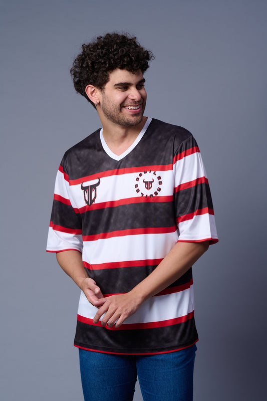 Stripes Printed Black, White and Red Oversized Jersey T-Shirt for Men