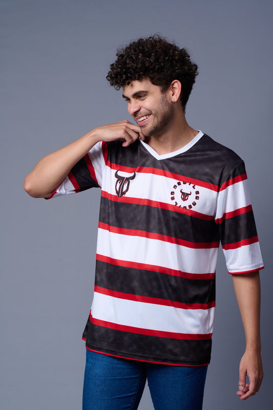 Stripes Printed Black, White and Red Oversized Jersey T-Shirt for Men