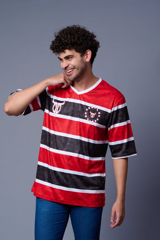 Stripes Printed Black, Red and White Oversized Jersey T-Shirt for Men