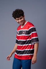 Stripes Printed Black, Red and White Oversized Jersey T-Shirt for Men