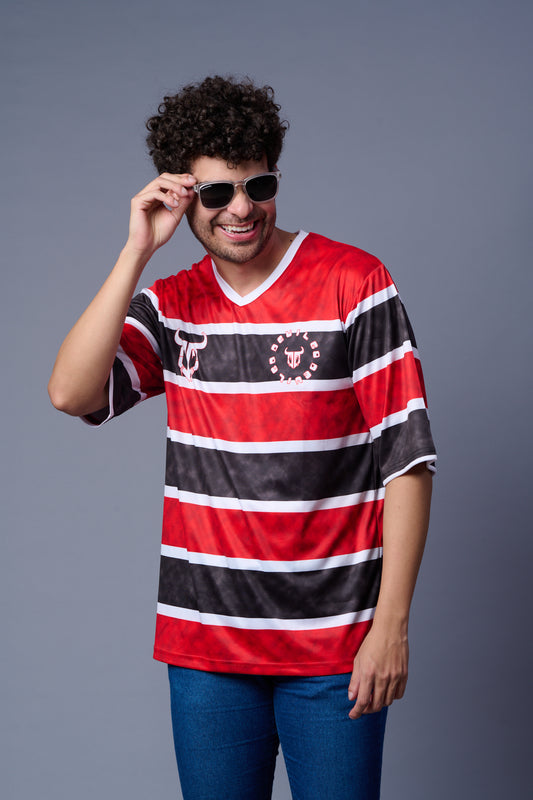 Stripes Printed Black, Red and White Oversized Jersey T-Shirt for Men