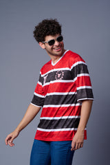 Stripes Printed Black, Red and White Oversized Jersey T-Shirt for Men
