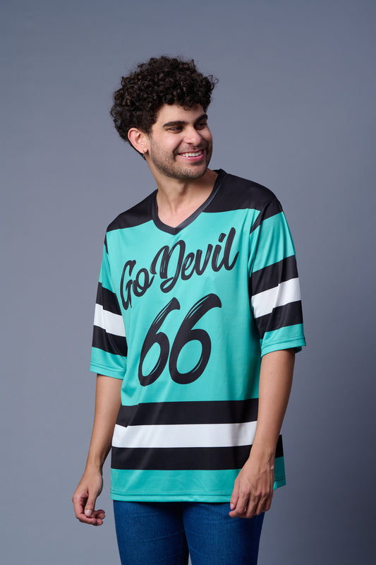Stripes Printed Black, White and Green Oversized Jersey T-Shirt for Men