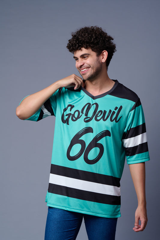 Stripes Printed Black, White and Green Oversized Jersey T-Shirt for Men
