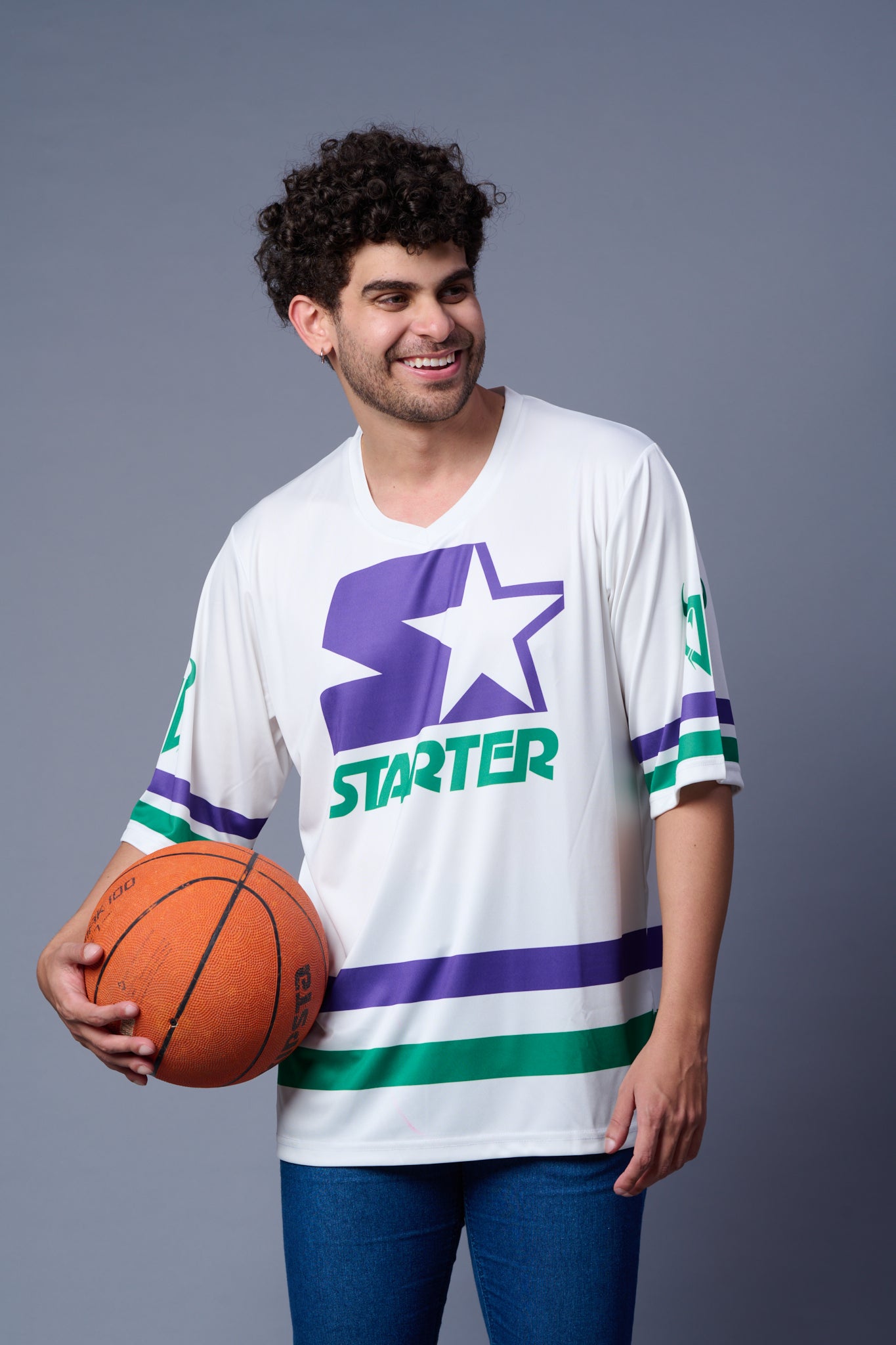 Starter Printed White,Purple and Green Oversized Jersey T-Shirt for Men