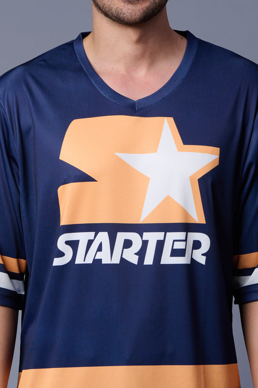 Starter In White Printed Navy Blue and Orange Oversized Jersey T-Shirt for Men