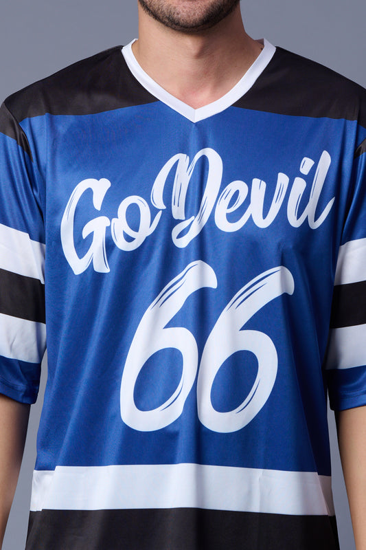 Go Devil 66 Striped (In White) Printed Blue Jersey Oversized T-Shirt for Men
