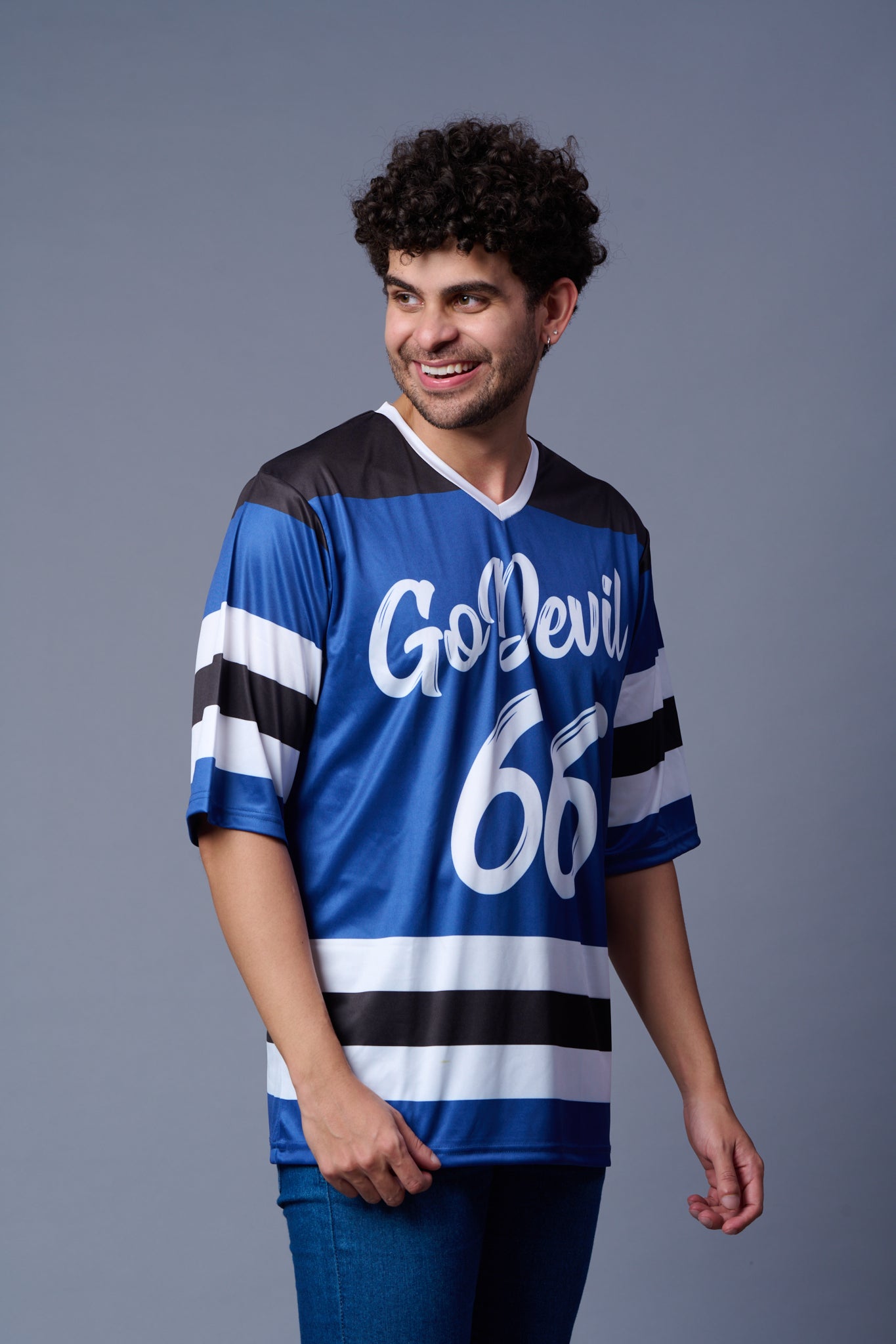 Go Devil 66 Striped (In White) Printed Blue Jersey Oversized T-Shirt for Men