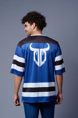 Go Devil 66 Striped (In White) Printed Blue Jersey Oversized T-Shirt for Men
