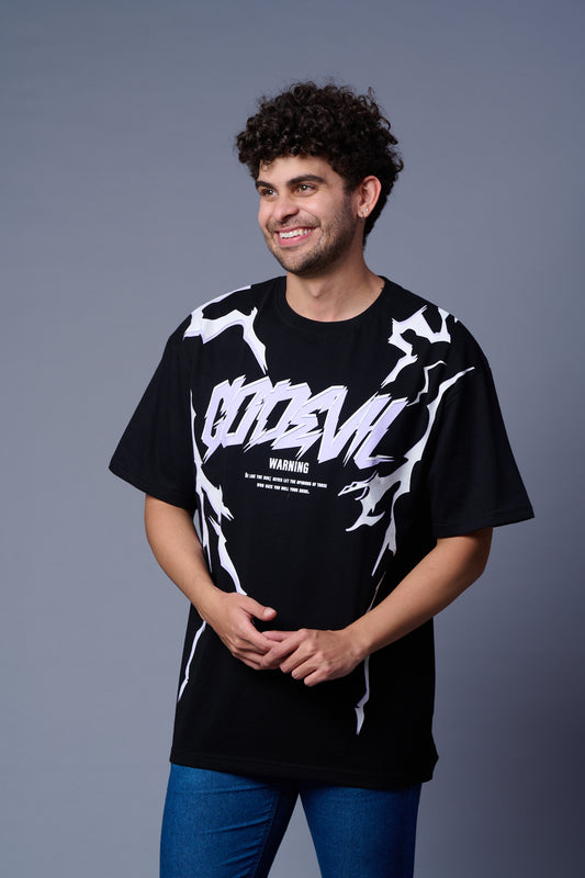 Lightning Printed Black Oversized T-Shirt for Men