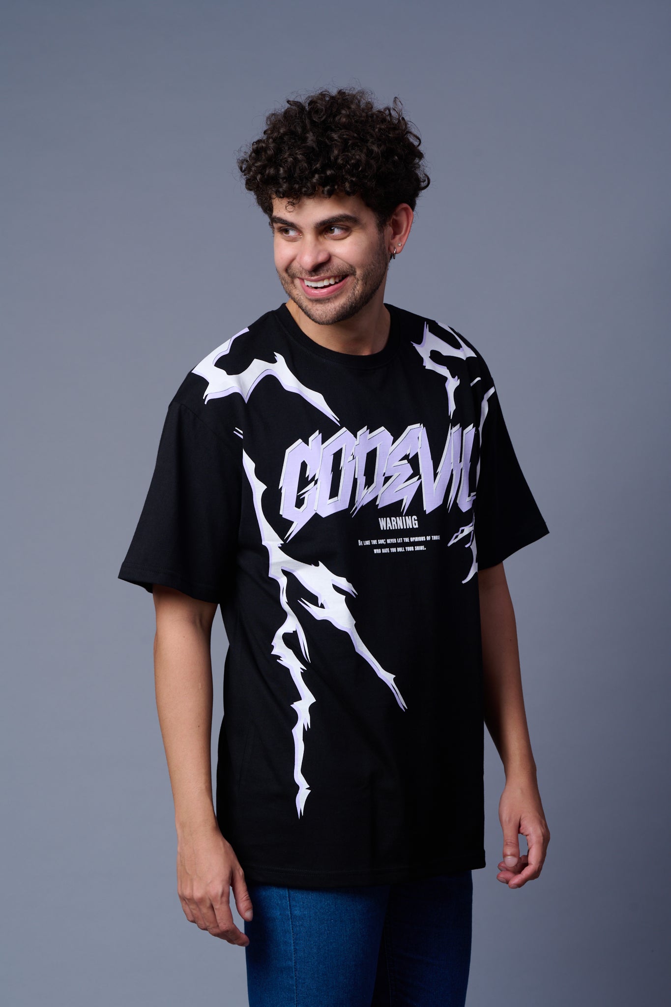 Lightning Printed Black Oversized T-Shirt for Men