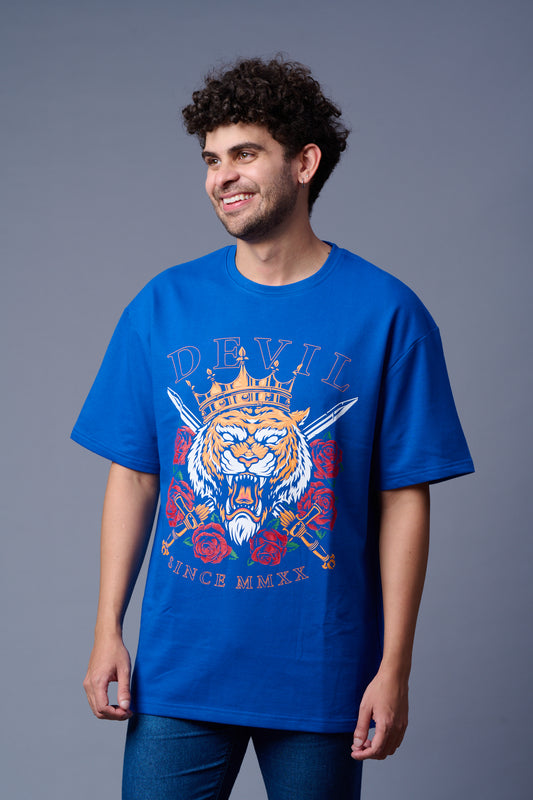 King Tiger Printed Navy Blue Oversized T-Shirt for Men