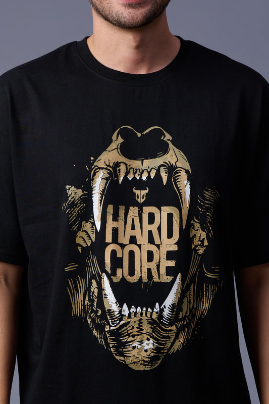 Hard Core Printed Black Oversized T-Shirt for Men