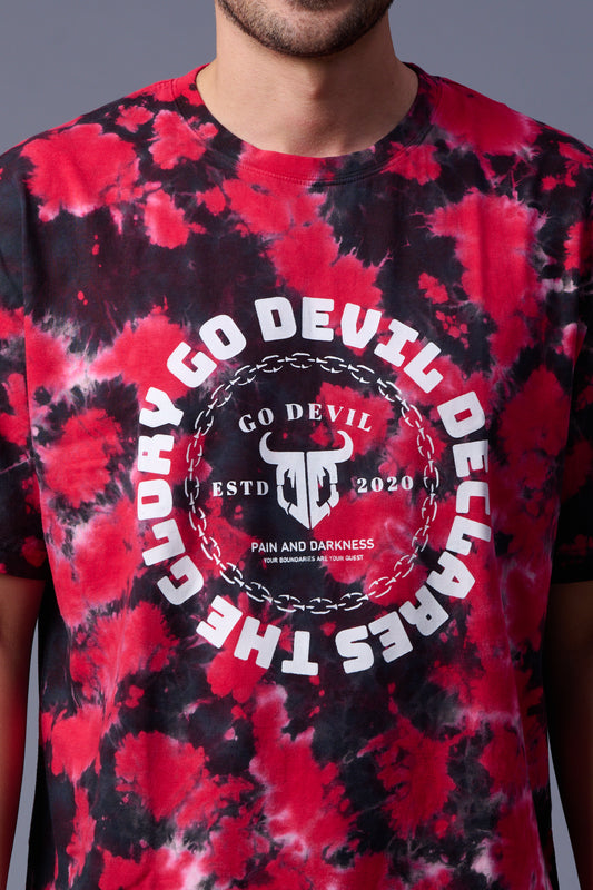 Go Devil Printed Red & White Tie Dye Oversized T-Shirt for Men