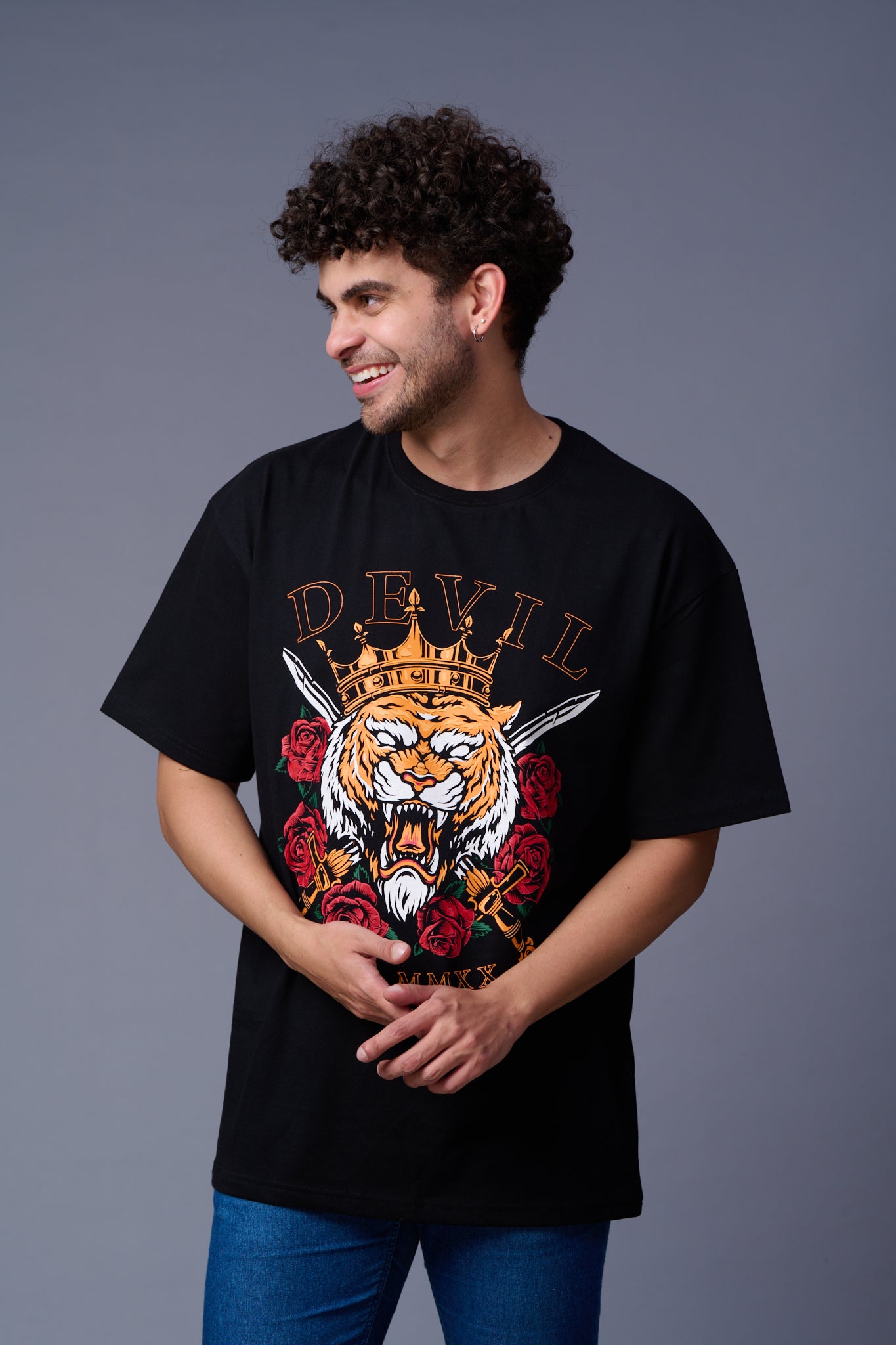 King Tiger Printed Black Oversized T-Shirt for Men