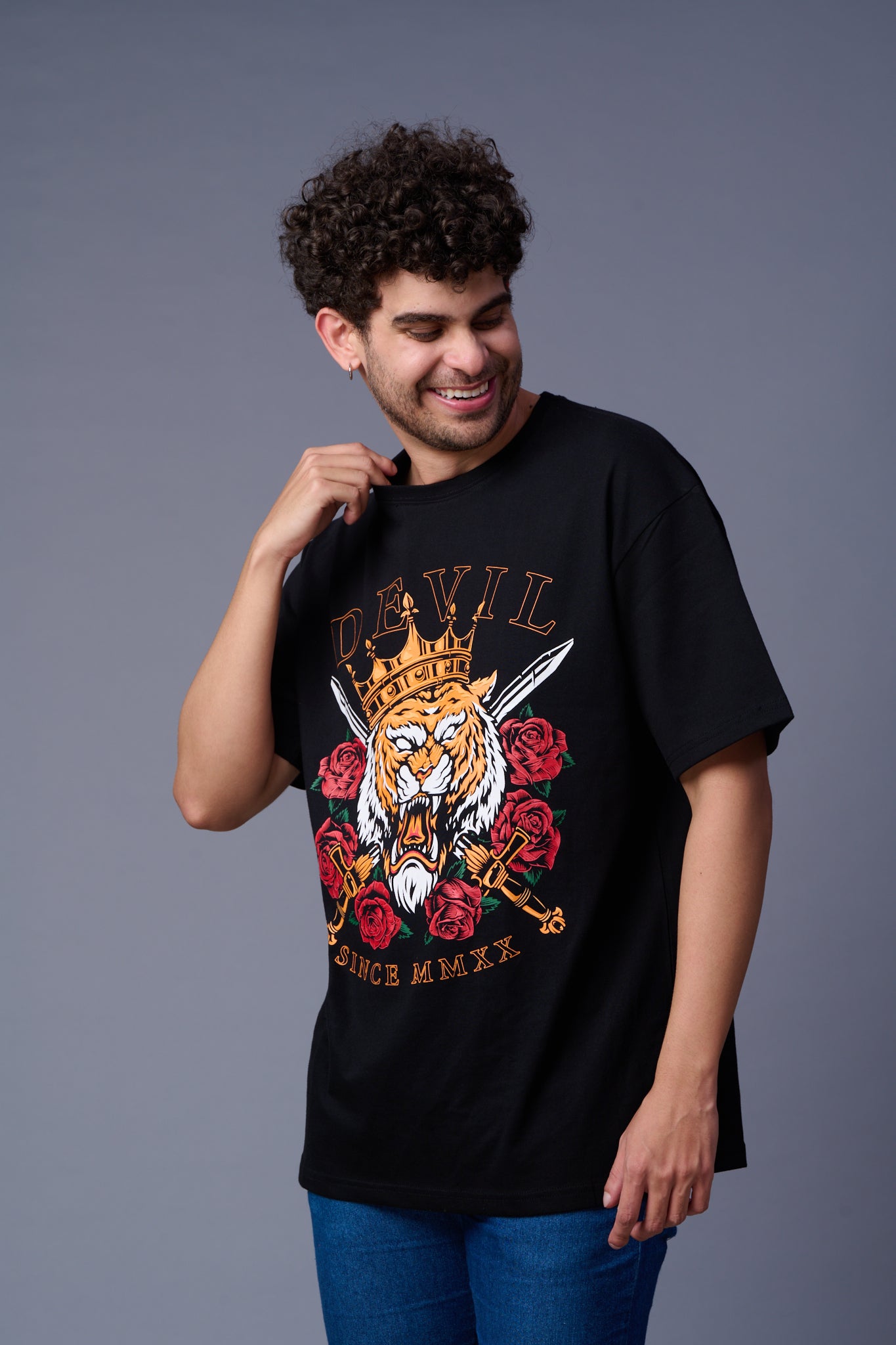 King Tiger Printed Black Oversized T-Shirt for Men