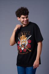 King Tiger Printed Black Oversized T-Shirt for Men