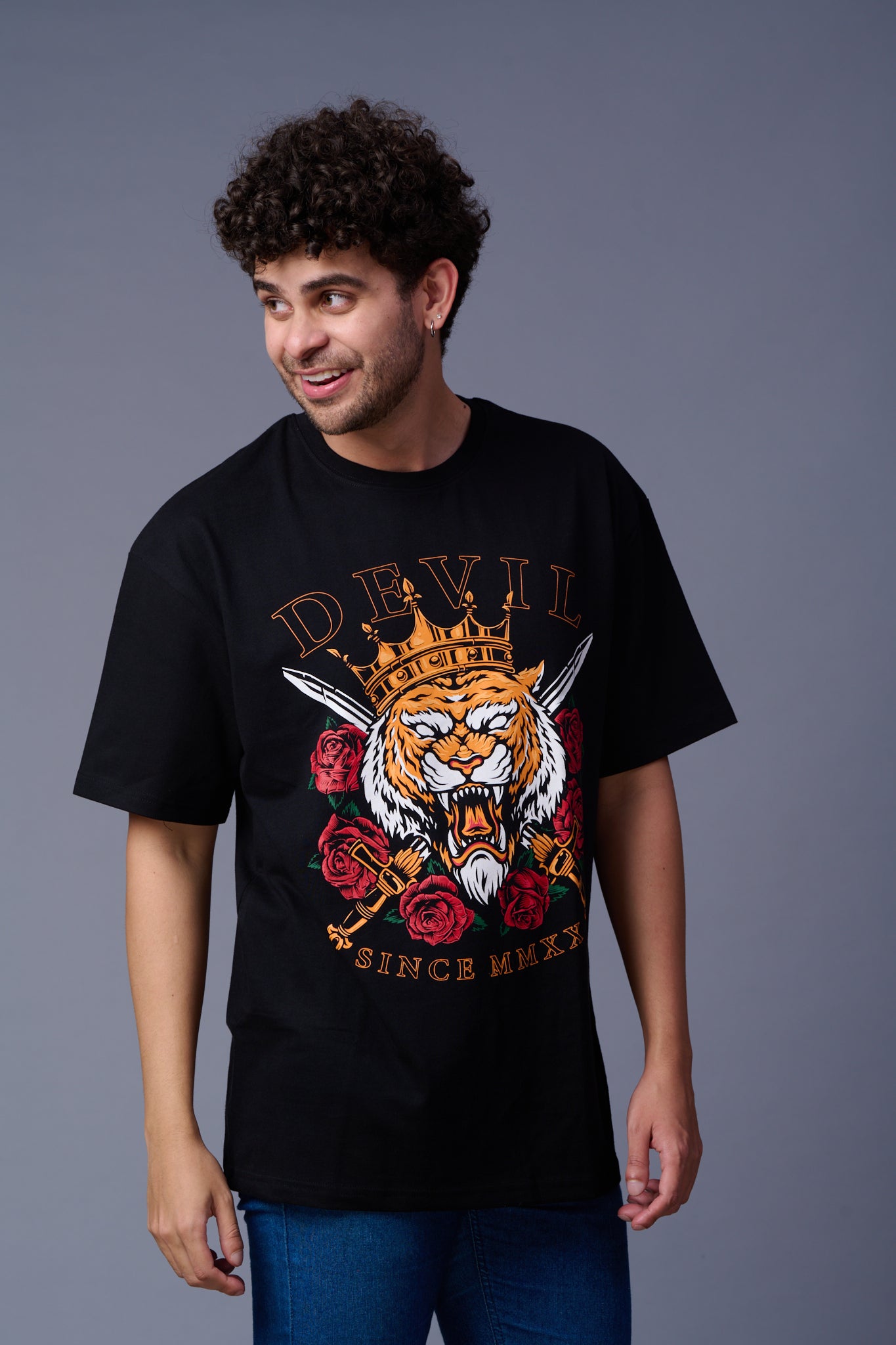 King Tiger Printed Black Oversized T-Shirt for Men