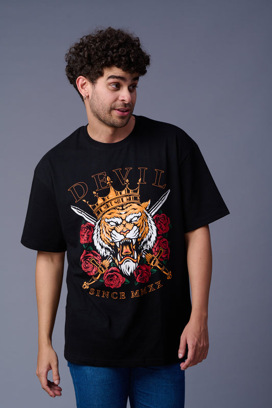 King Tiger Printed Black Oversized T-Shirt for Men