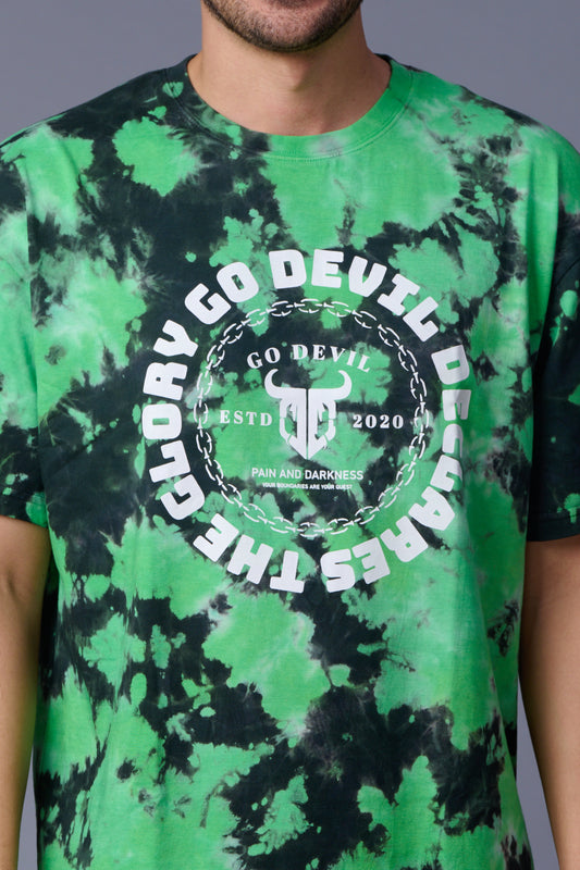 Go Devil Printed Green & Black Tie Dye Oversized T-Shirt for Men
