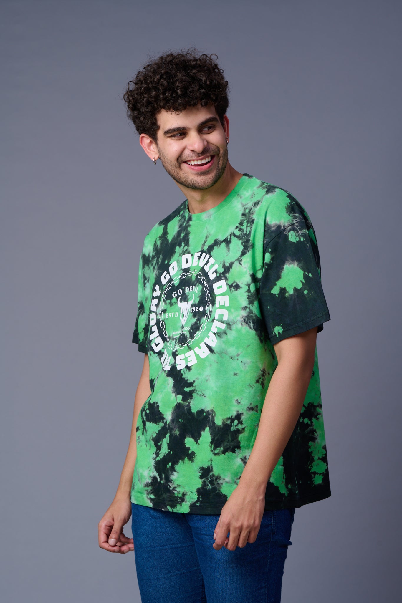 Go Devil Printed Green & Black Tie Dye Oversized T-Shirt for Men
