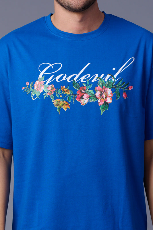 Go devil With Flower Printed Dark Blue Oversized T-Shirt for Men