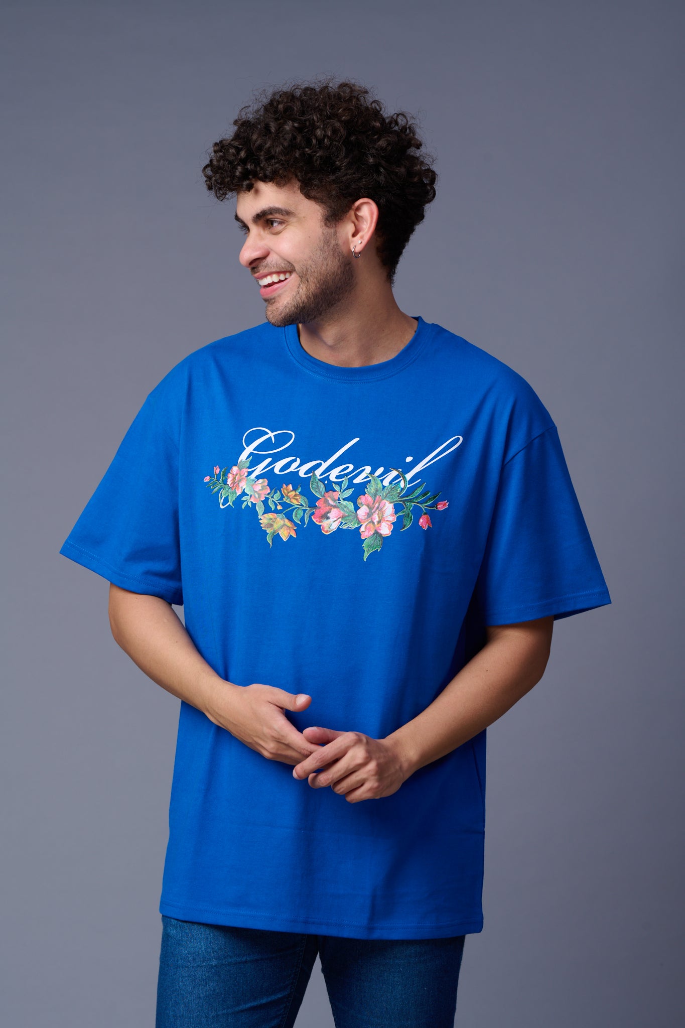 Go devil With Flower Printed Dark Blue Oversized T-Shirt for Men