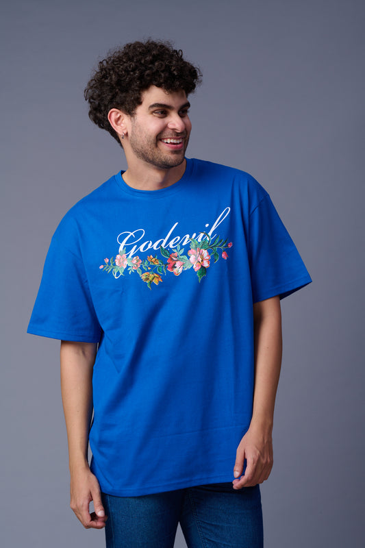 Go devil With Flower Printed Dark Blue Oversized T-Shirt for Men