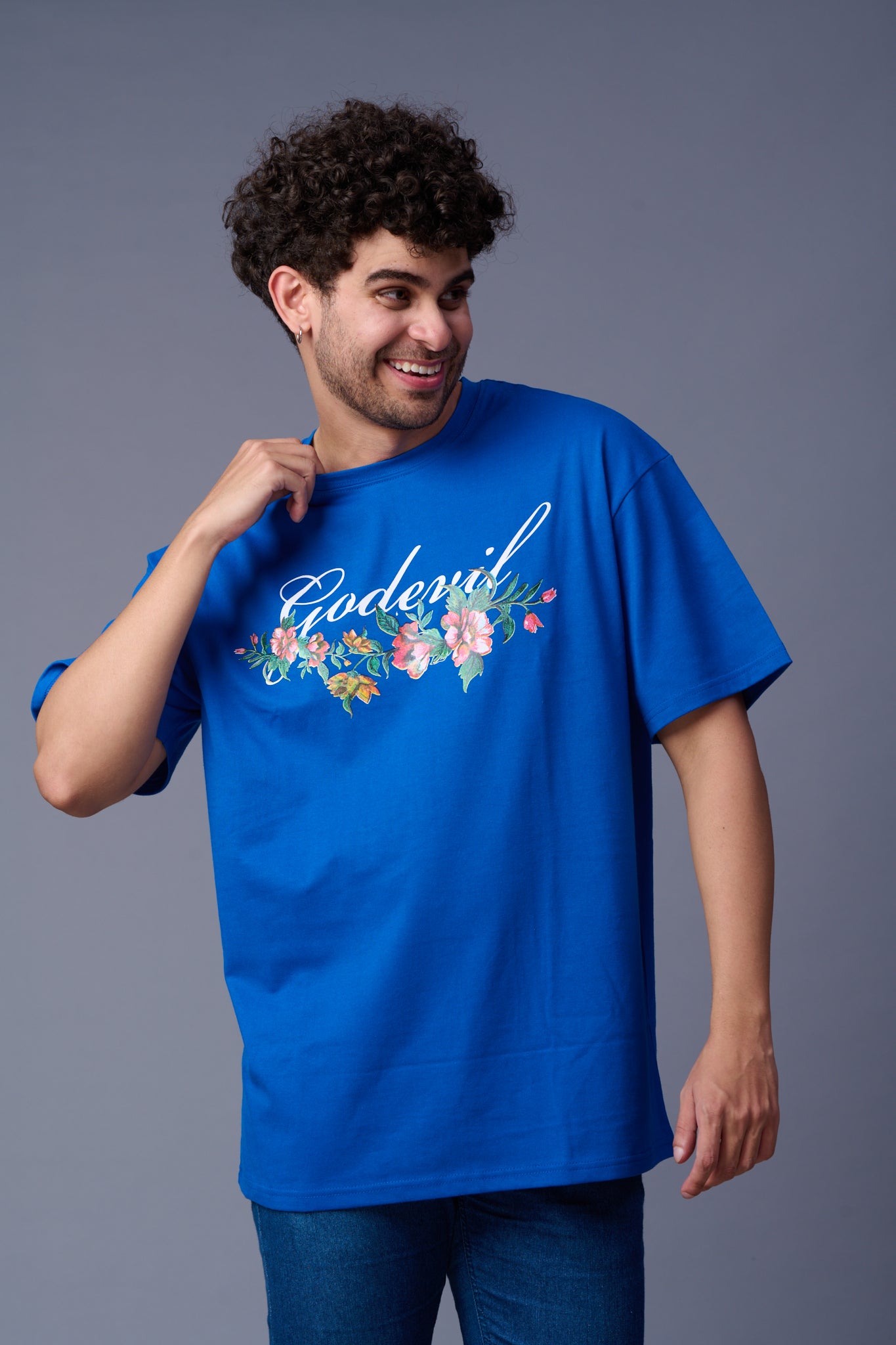 Go devil With Flower Printed Dark Blue Oversized T-Shirt for Men