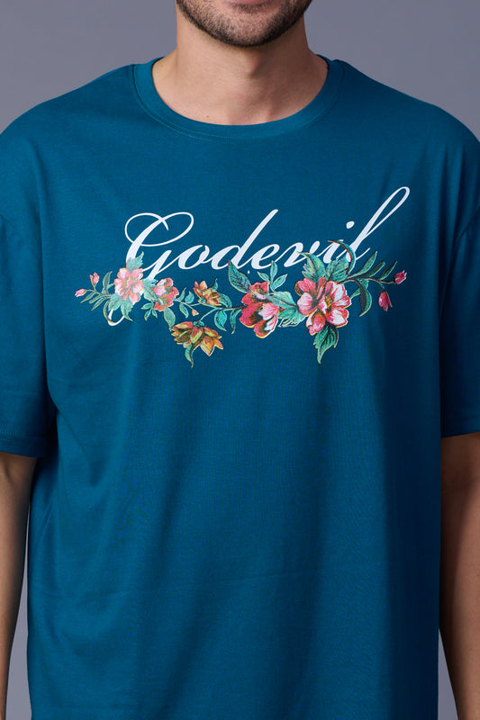 Go devil With Flower Printed Royal Blue Oversized T-Shirt for Men