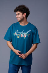 Go devil With Flower Printed Royal Blue Oversized T-Shirt for Men