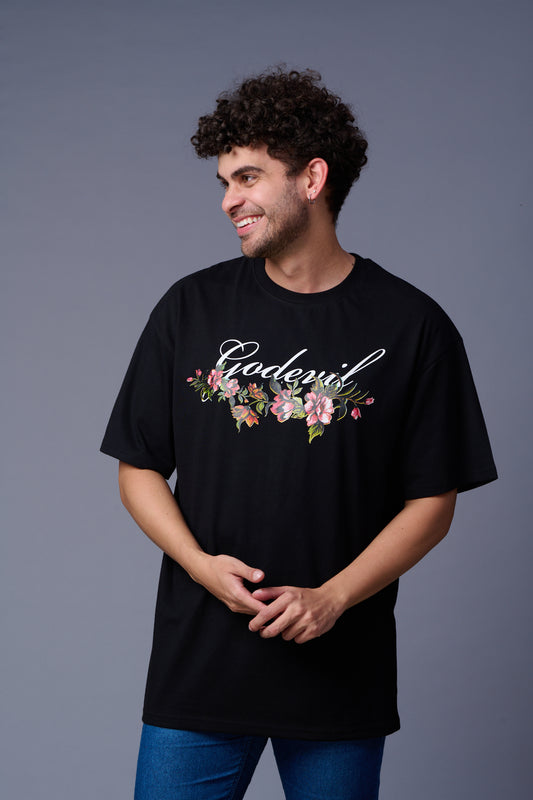 Go devil With Flower Printed Black Oversized T-Shirt for Men