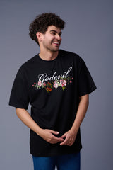 Go devil With Flower Printed Black Oversized T-Shirt for Men