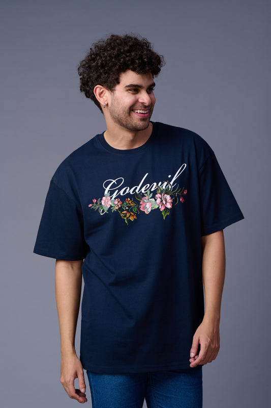 Go devil With Flower Printed Navy Blue Oversized T-Shirt for Men