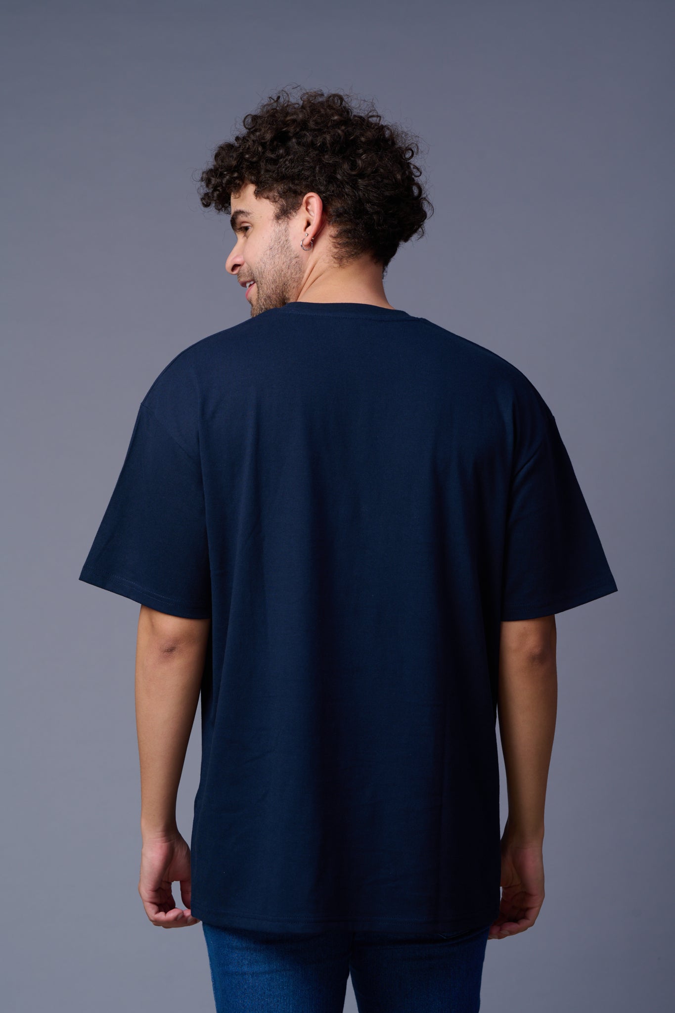 Go devil With Flower Printed Navy Blue Oversized T-Shirt for Men