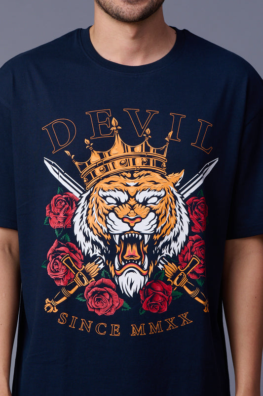 King Tiger Printed Navy Oversized T-Shirt for Men
