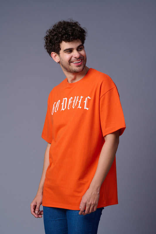 Go Devil Back Dice Printed Orange Oversized T-Shirt for Men