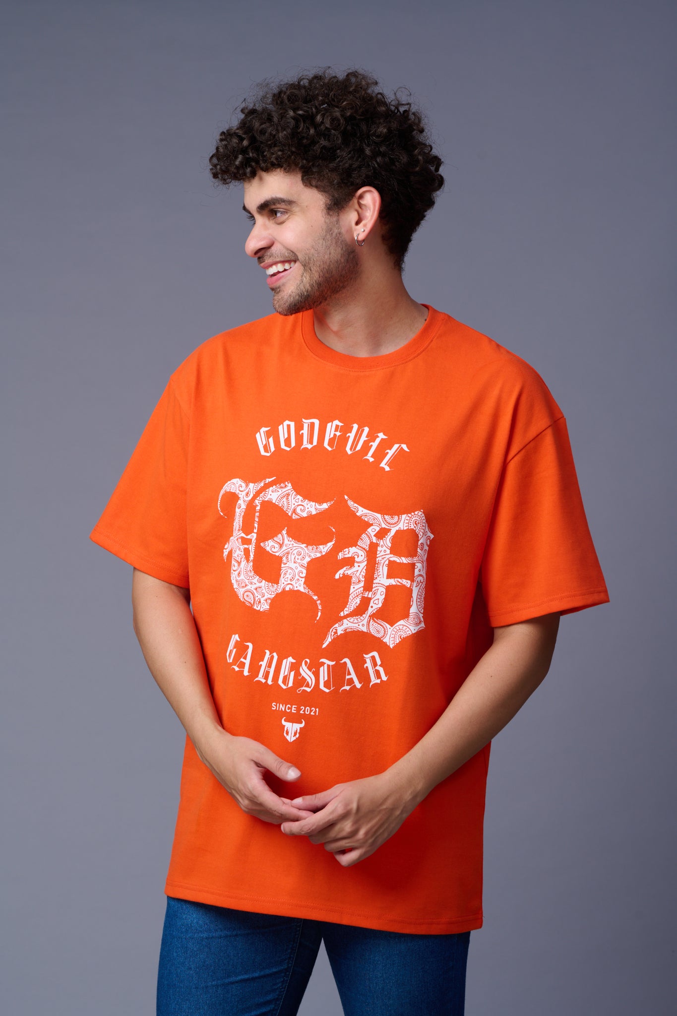 Go Devil Back Dice Printed Orange Oversized T-Shirt for Men