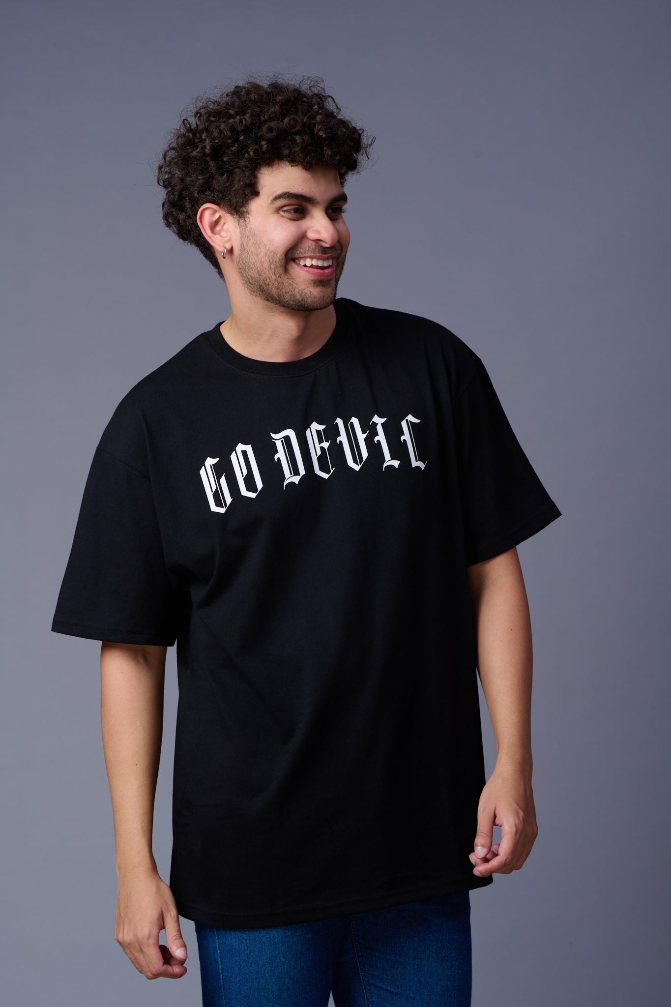 Go Devil Back Dice Printed Black Oversized T-Shirt for Men