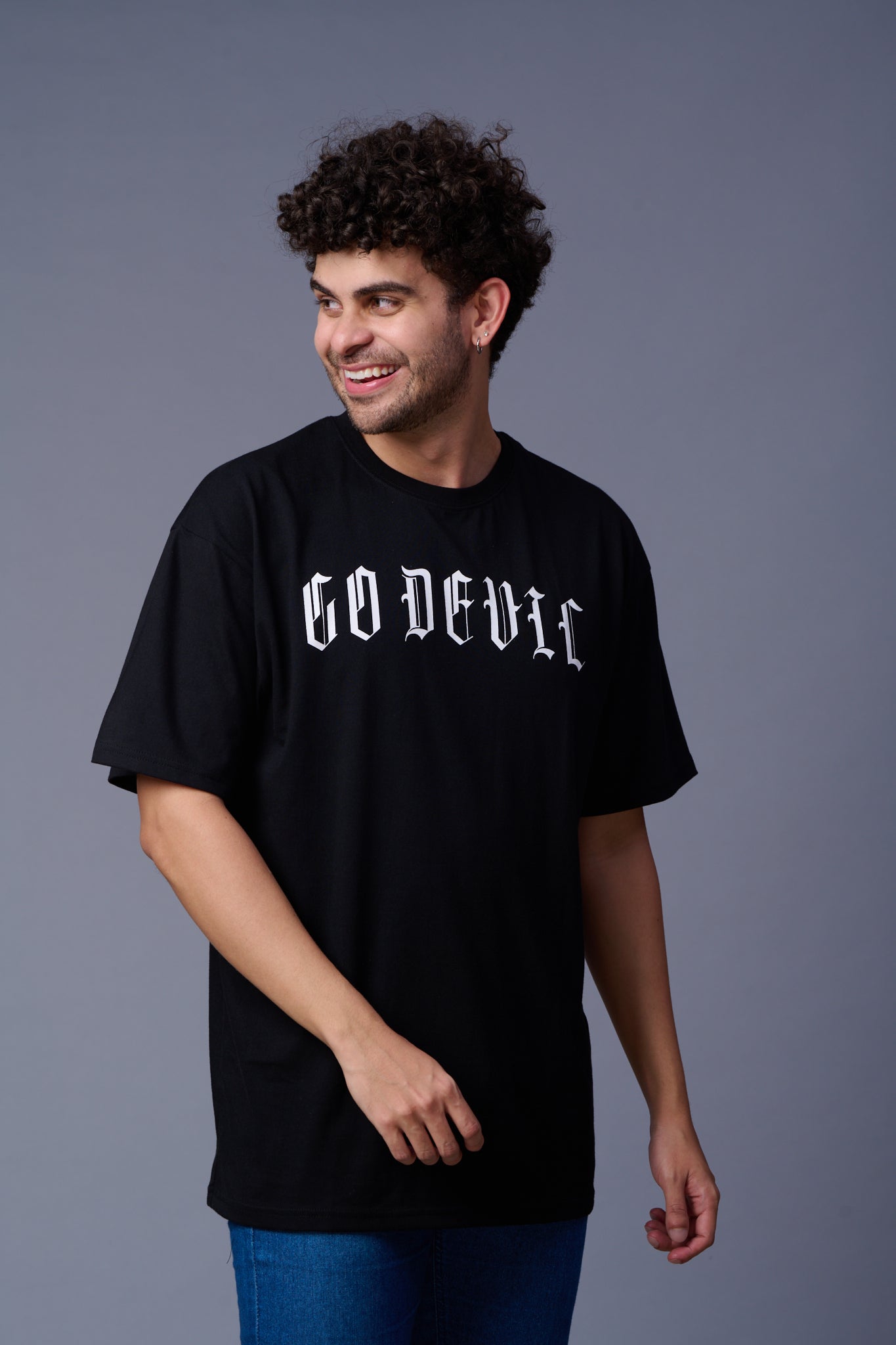 Go Devil Back Dice Printed Black Oversized T-Shirt for Men
