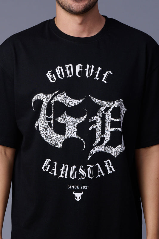 Gangstar Printed Black Oversized T-Shirt for Men