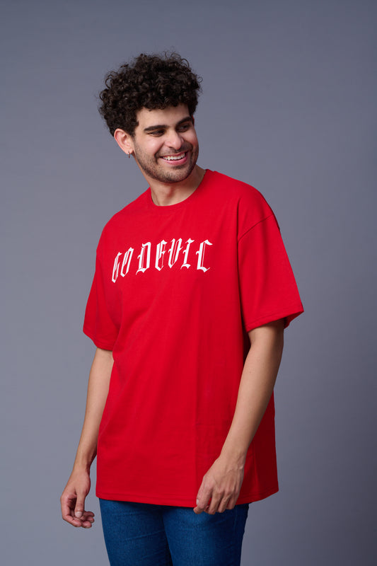 Go Devil Back Dice Printed Red Oversized T-Shirt for Men