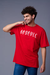 Go Devil Back Dice Printed Red Oversized T-Shirt for Men