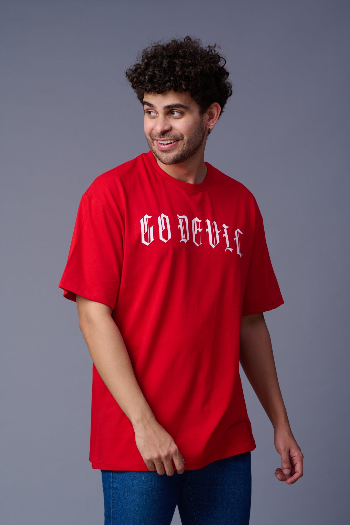 Go Devil Back Dice Printed Red Oversized T-Shirt for Men