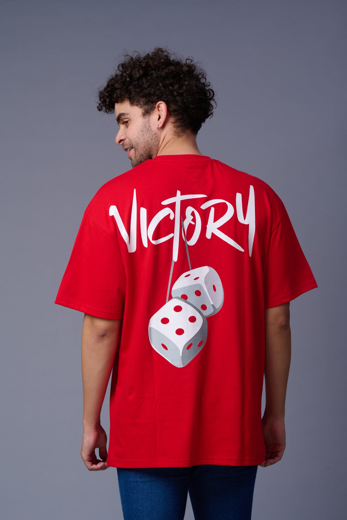 Go Devil Back Dice Printed Red Oversized T-Shirt for Men