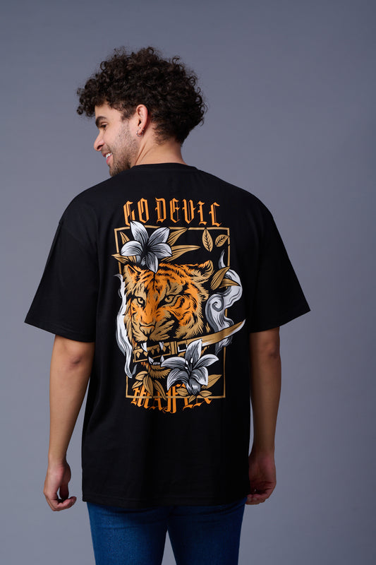 Back Tiger Printed Black  Oversized T-Shirt for Men