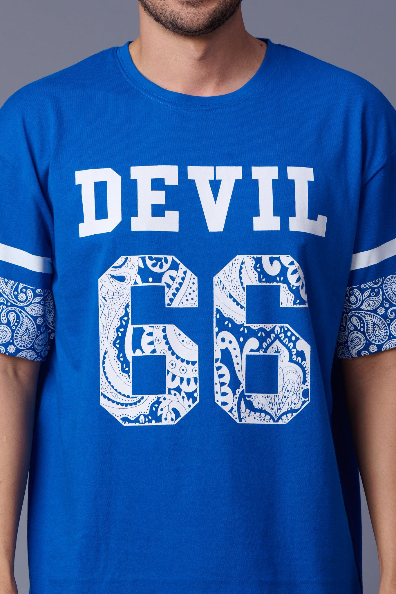 Go Devil 66 (In White  Paisley) Printed Blue Oversized T-Shirt for Men